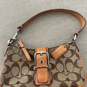 Coach Brown Signature Canvas Shoulder Bag with Tan Leather Accents